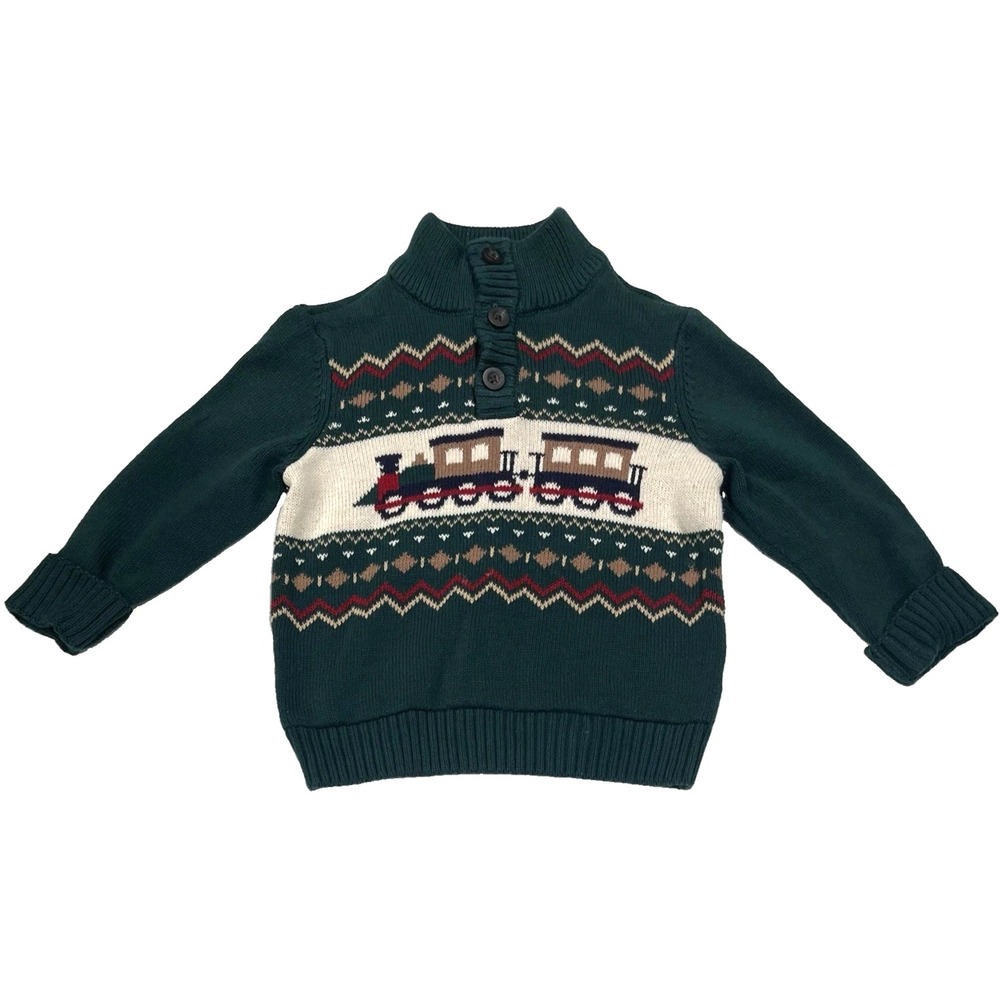 The Children's Place Boys Sweater Fair Isle Green Mock Neck Train Holiday 2T
